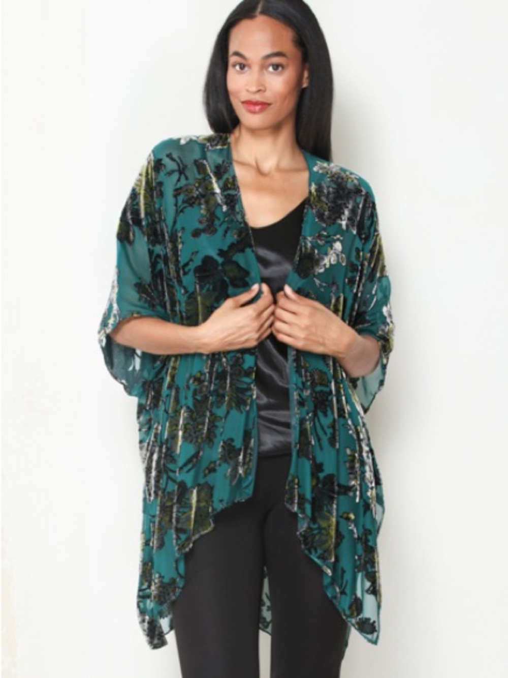 Teal Floral Velvet Kimono Shrug